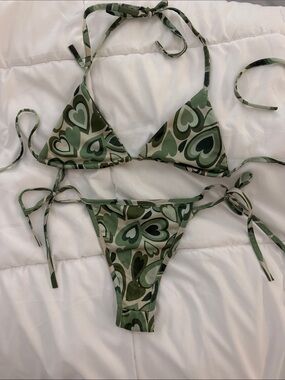 Women’s Green Heart-Print String Bikini